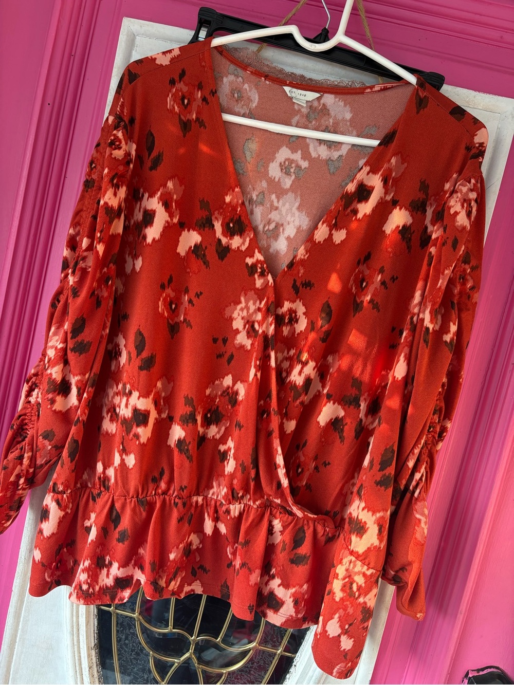 Cato Red Floral Wrap Peplum Blouse